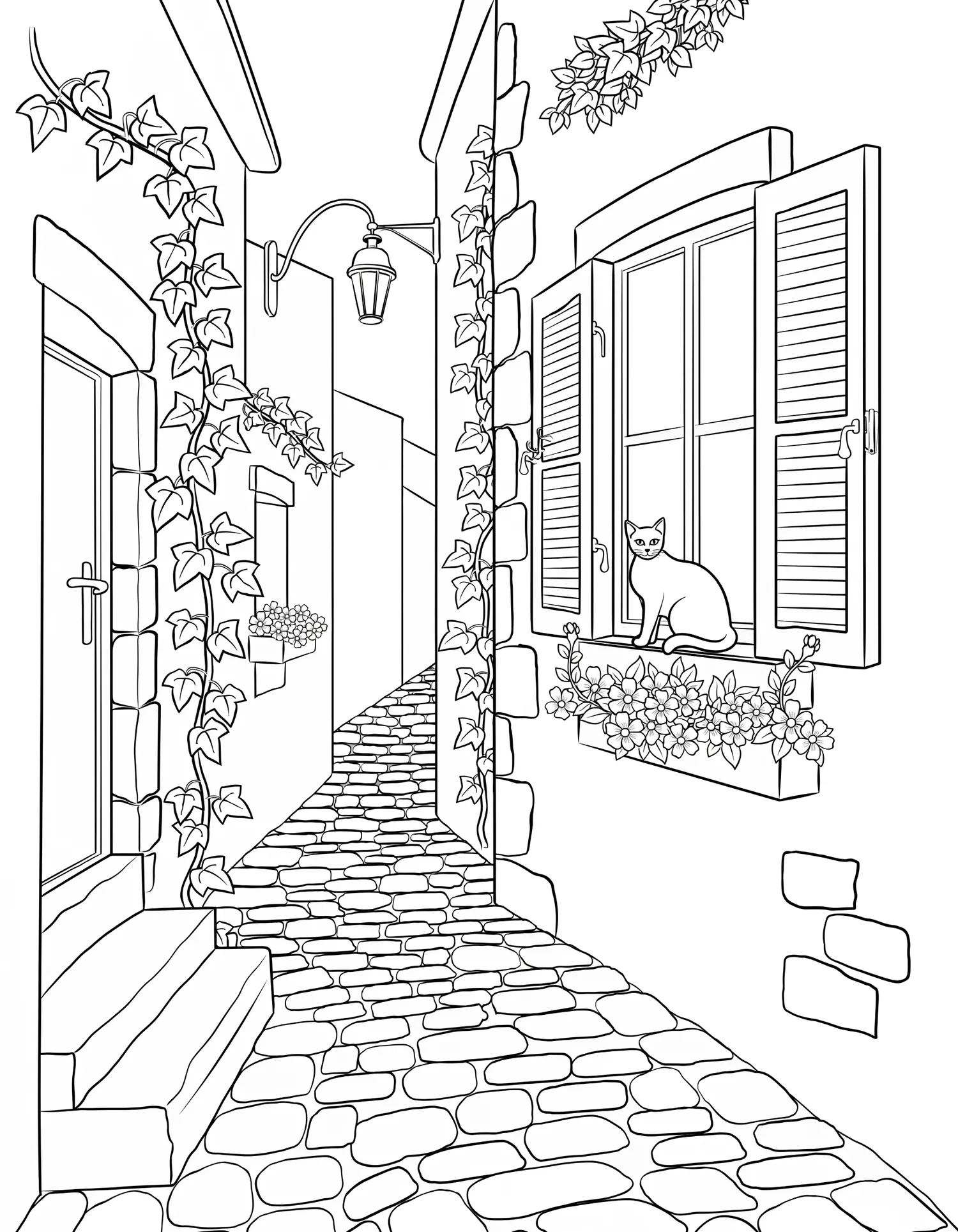 Ruelle Pavée avec Fleurs — Coloriage architecture à imprimer gratuitement